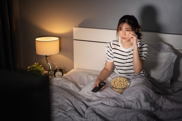 Joven de noche despierta en cama comiento frente TV Acupuntura insomnio Barcelona Centro Dr. LU